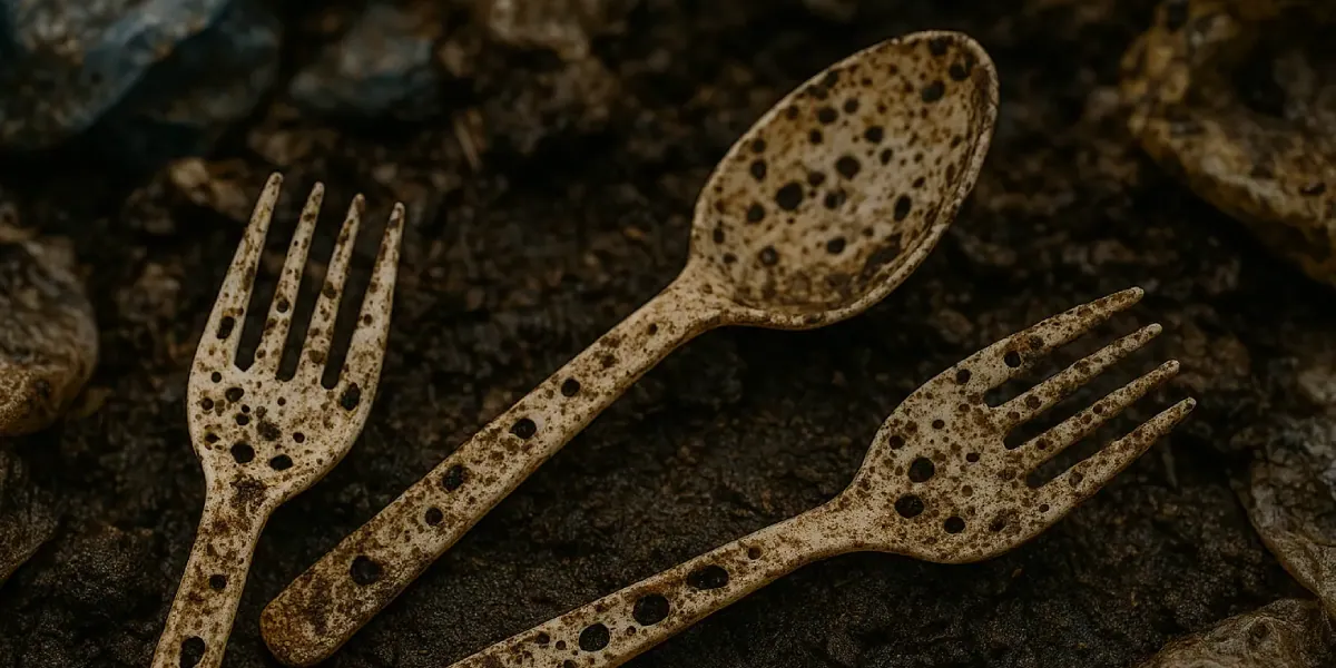 PHA cutlery partially returned to soil, edges broken down and colonised by earth