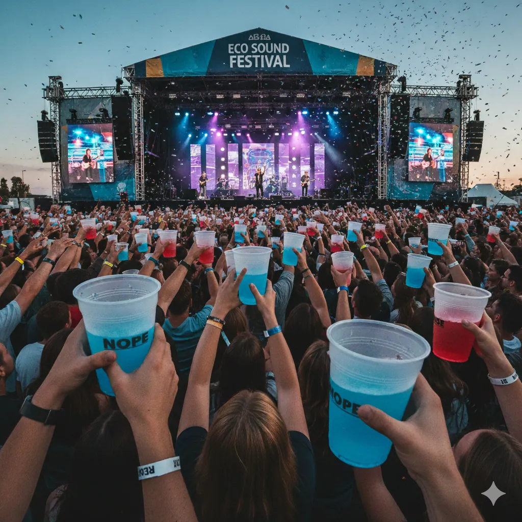 Festival crowd raising reusable cups in front of a main stage