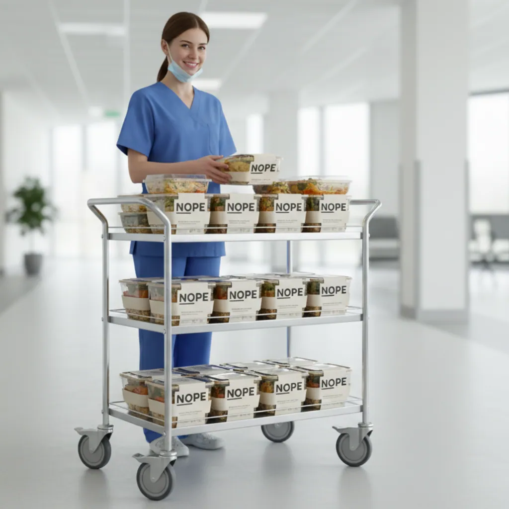 Healthcare catering trolley stacked with NOPE meal trays