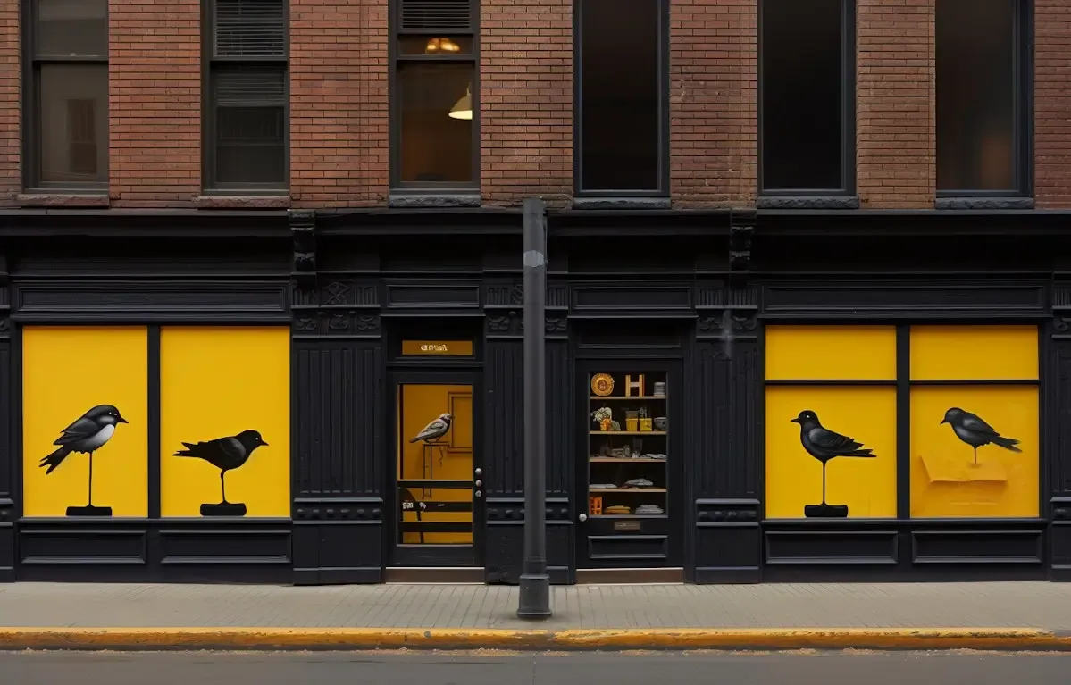Hospitality frontage on a city street at dusk