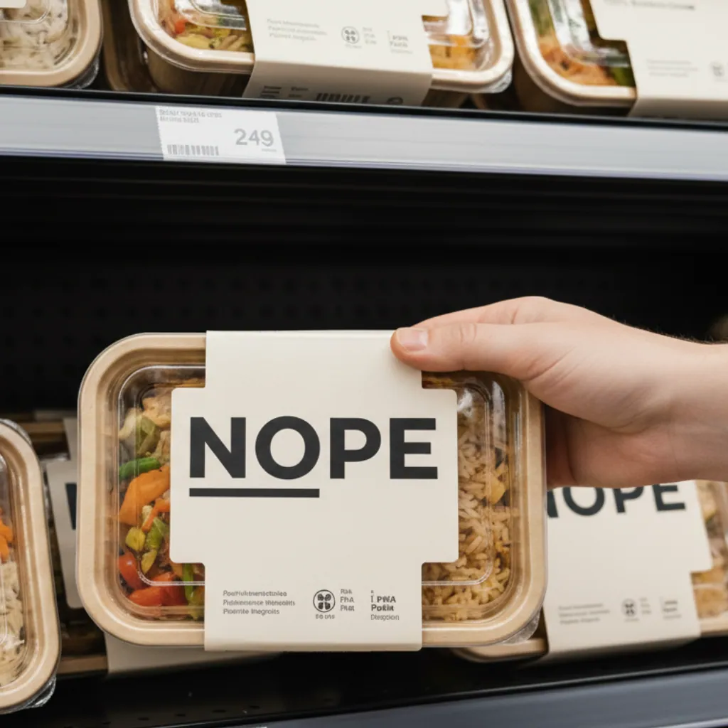 Hand lifting a NOPE-branded food-to-go pack from a chilled retail shelf