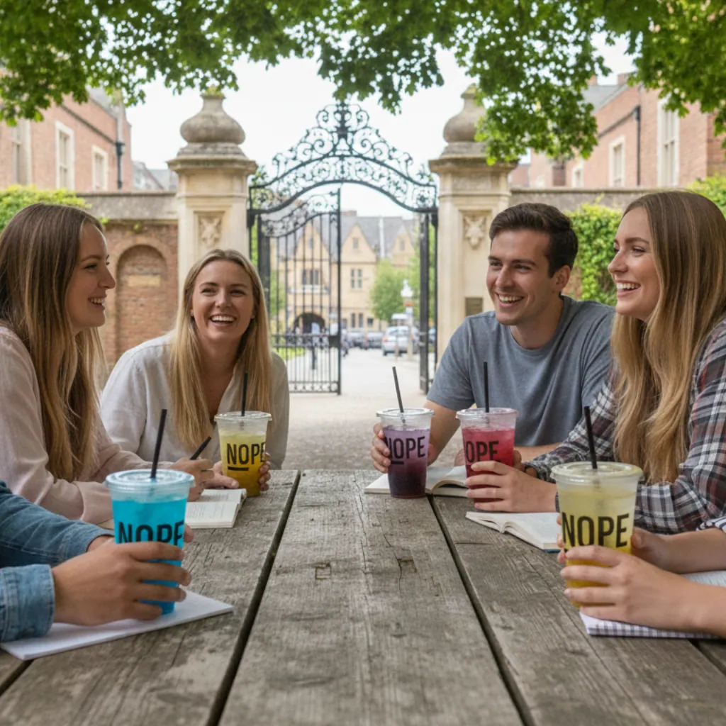 Students sitting outdoors on a university campus with drinks